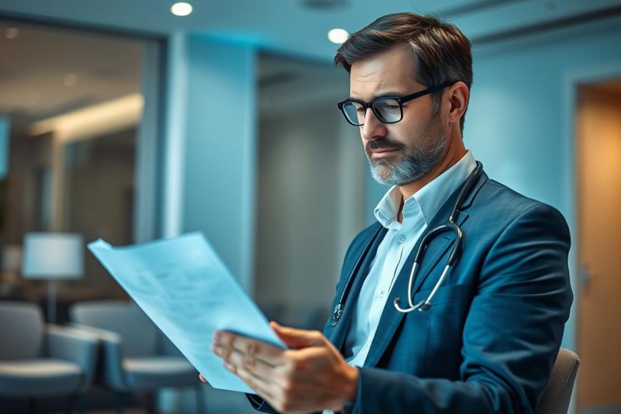 Focused male doctor in glasses reviewing medical paperwork in a modern hospital setting. He wears a suit and stethoscope, with cool blue lighting creating a professional atmosphere. Healthcare, medicine, and patient care themes are evident.