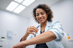 Smiling female doctor in a bright, modern clinic examining a patient's pulse. She wears a light blue lab coat and stethoscope, creating a healthcare professional setting. Focus on medical examination and patient care.