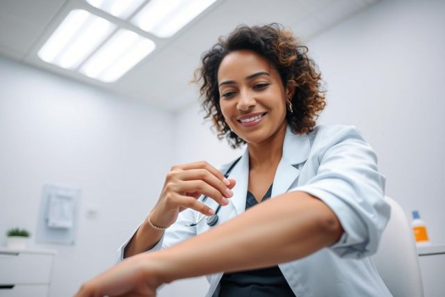 Smiling female doctor in a bright, modern clinic examining a patient's pulse. She wears a light blue lab coat and stethoscope, creating a healthcare professional setting. Focus on medical examination and patient care.