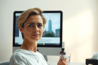 The image shows a woman seated at a desk, appearing to be in front of a computer screen. She has short hair and is wearing casual attire with a necklace visible around her neck. The desk has various items on it including what appears to be a smartphone or similar device. The room has a modern look with light-colored walls and ceiling, and there's an artificial plant near the computer screen. There's also a bottle of water in front of her on the desk.