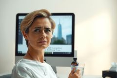 The image shows a woman seated at a desk, appearing to be in front of a computer screen. She has short hair and is wearing casual attire with a necklace visible around her neck. The desk has various items on it including what appears to be a smartphone or similar device. The room has a modern look with light-colored walls and ceiling, and there's an artificial plant near the computer screen. There's also a bottle of water in front of her on the desk.
