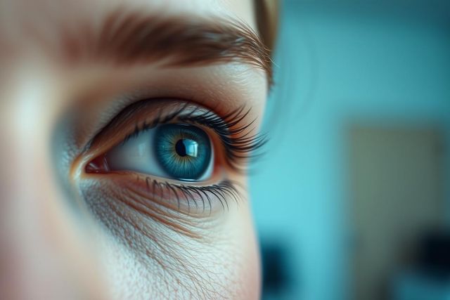 Close-up portrait of a striking blue eye, showcasing detailed eyelashes and warm skin tones. The eye is set against a blurred background in cool blue hues, creating a soft, intimate feel. Focus is sharp on the iris, highlighting its vibrant color and texture. Beauty, portrait, eye, blue eyes, close up.