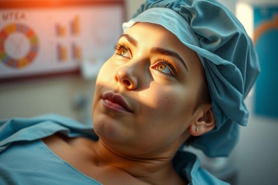 The image shows a woman dressed in medical attire, likely a patient, seated at an operating table. She is looking to her left with a focused and serious expression on her face. The environment suggests a clinical setting such as an operating room or hospital ward. There are various medical tools and equipment around her, emphasizing the professional context of the scene.