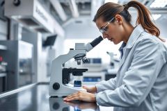 Scientist in a modern laboratory using a microscope. The woman wearing protective eyewear and a lab coat is focused on research. Clean, bright environment with scientific equipment. Science, research, lab, microscopy, biology, healthcare imagery.