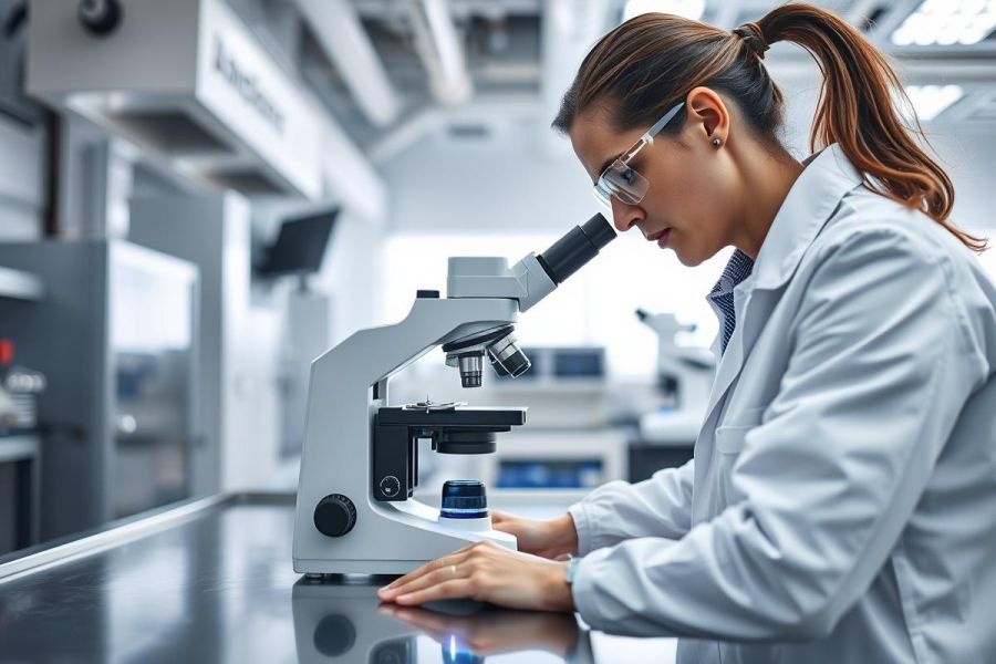 Scientist in a modern laboratory using a microscope. The woman wearing protective eyewear and a lab coat is focused on research. Clean, bright environment with scientific equipment. Science, research, lab, microscopy, biology, healthcare imagery.