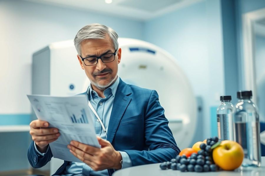 Mature doctor in a modern medical clinic examining a graph. He's wearing glasses and a blue suit, with an MRI machine in the background. Fresh fruit and water bottles are on a nearby table, suggesting wellness and healthcare.