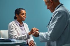 Doctor consults with a patient in a teal-colored medical office. A healthcare professional wearing a white coat and stethoscope comforts a woman during a check-up. Focus on patient care, medical consultation, and trust between doctor and patient.