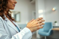 Close-up of a female doctor in a white coat, likely in a medical office or clinic. Focus on her hands, suggesting examination or consultation. Soft, neutral colors and a modern interior create a professional healthcare setting.
