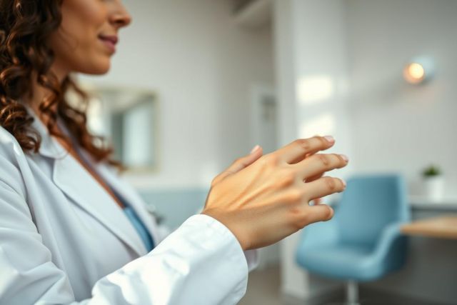 Close-up of a female doctor in a white coat, likely in a medical office or clinic. Focus on her hands, suggesting examination or consultation. Soft, neutral colors and a modern interior create a professional healthcare setting.