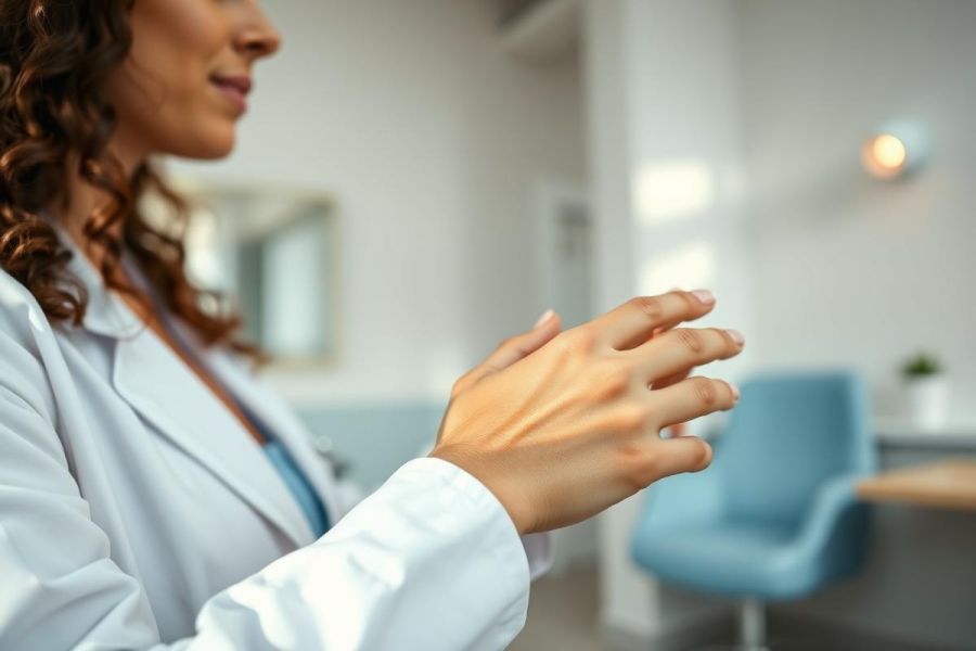 Close-up of a female doctor in a white coat, likely in a medical office or clinic. Focus on her hands, suggesting examination or consultation. Soft, neutral colors and a modern interior create a professional healthcare setting.