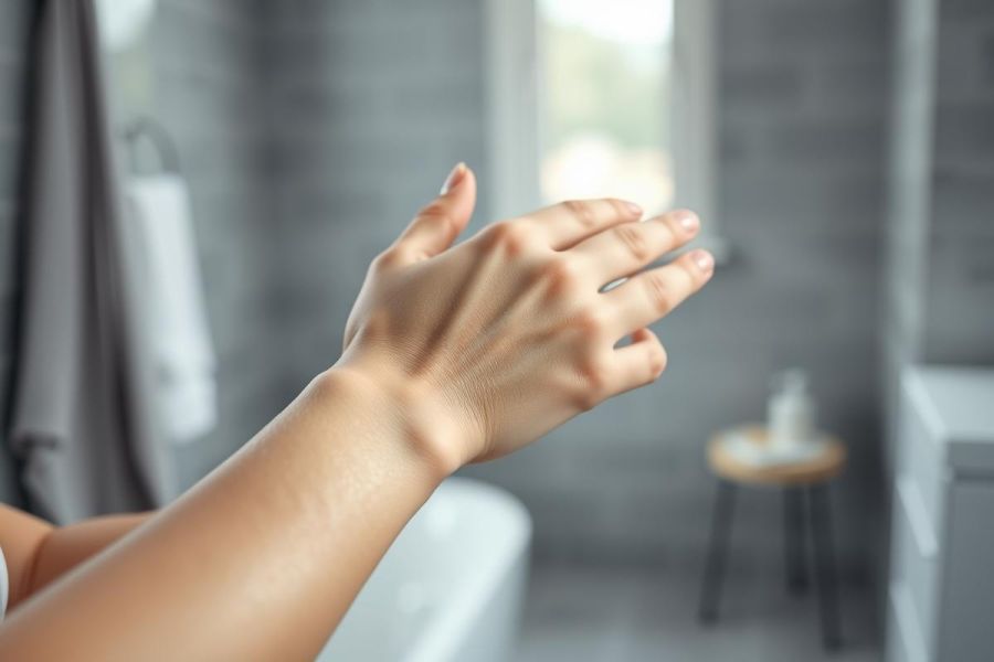 Close-up of hands rubbing together in a modern bathroom. Gray tile walls, white towels, and natural light create a spa-like atmosphere. Focus on skincare, hand care, and hygiene in a clean, minimalist setting.