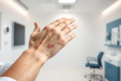 Close-up of a hand with a reddish-brown skin mark or mole, likely in a medical examination setting. The background shows a blurred doctor's office with white walls and blue accents, suggesting a dermatology or skin health checkup.