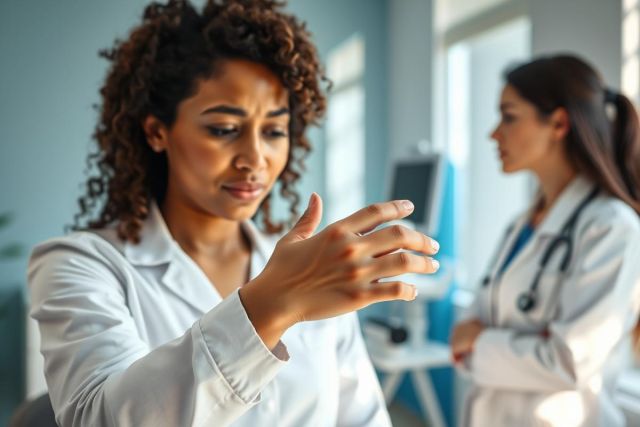 Two female doctors in a modern medical office. One examines a medical device, while the other observes. The scene features a blue and white color palette, suggesting a clinical environment and focus on healthcare professionals and medical technology.