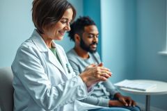 Doctor applauding a patient in a modern, blue-toned medical office. A friendly consultation scene featuring a female healthcare professional and a male patient, emphasizing positive medical interaction and patient care. Clinical setting, healthcare, doctor-patient relationship.