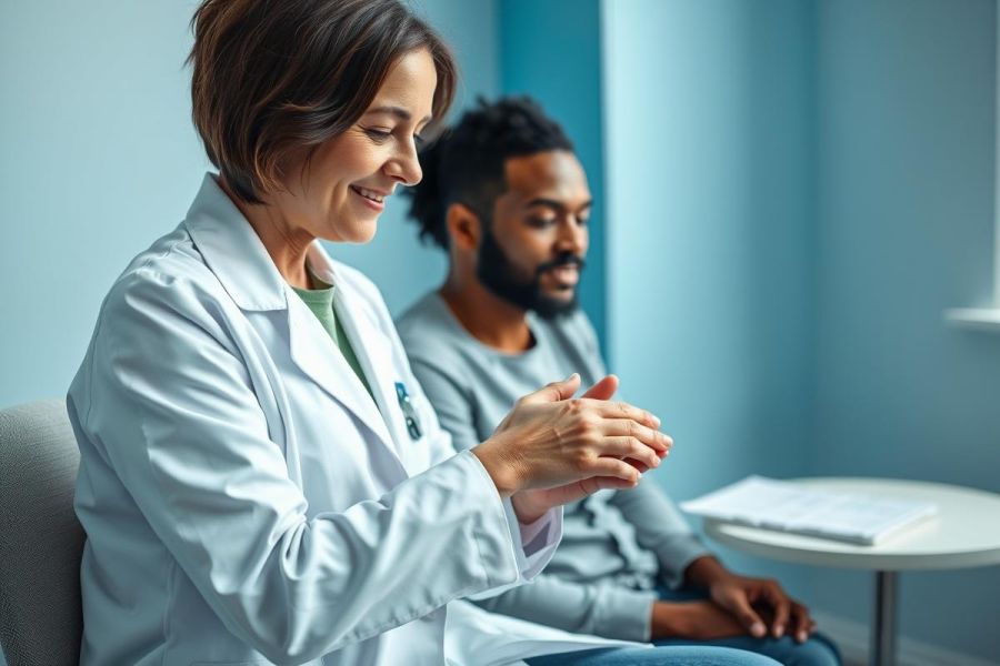 Doctor applauding a patient in a modern, blue-toned medical office. A friendly consultation scene featuring a female healthcare professional and a male patient, emphasizing positive medical interaction and patient care. Clinical setting, healthcare, doctor-patient relationship.