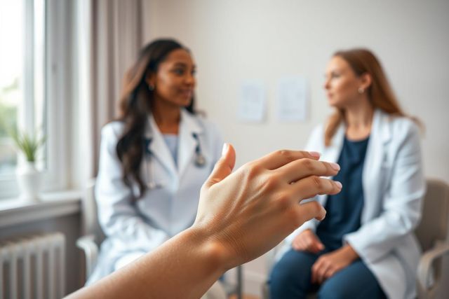Healthcare professionals in a bright, modern office setting. Two doctors, one Black and one Caucasian, are engaged in a discussion, suggesting a medical consultation or teamwork. Focus on hands creates a sense of connection and patient care. Neutral colors and natural light enhance the professional atmosphere.