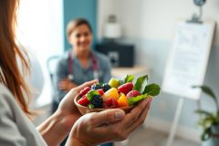 Healthy eating concept: fresh fruit salad in a wooden bowl held by a person in a doctor's office setting. A female doctor wearing a stethoscope is blurred in the background. Vibrant colors of berries, melon, and mint highlight a nutritious lifestyle. Focus on wellness and healthcare.