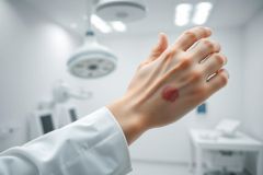 Close-up of a doctor's hand with a skin lesion in a sterile white medical environment. Focus on examination and dermatology, featuring surgical lights and a clinical setting. Red and white color palette.