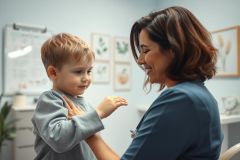 A pediatrician examines a young boy during a checkup in a bright, modern clinic. The doctor, wearing a blue sweater and stethoscope, smiles warmly as she checks the child's chest. Gentle healthcare scene with a focus on pediatric care and well-being.