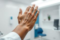 Close-up of a hand, showcasing the skeletal structure against a blurred medical background. The image features a clean, white clinical setting with blue accents and a chair, suggesting a doctor's office or examination room. Focus on anatomy and healthcare.