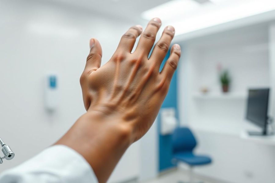 Close-up of a hand, showcasing the skeletal structure against a blurred medical background. The image features a clean, white clinical setting with blue accents and a chair, suggesting a doctor's office or examination room. Focus on anatomy and healthcare.