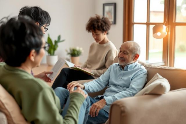 The image portrays an indoor scene where a group of people, including an older man and several younger individuals, are gathered around on a comfortable couch. They appear to be engaged in a conversation or activity that involves reading from a book or document.