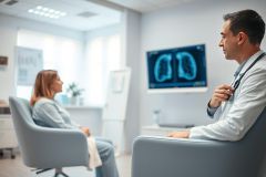 Doctor examining a patient in a modern medical clinic. An MRI scan is visible on a screen. The scene depicts a healthcare consultation with a focus on diagnostics and patient care in a bright, clean environment. Blue and white tones dominate the image.