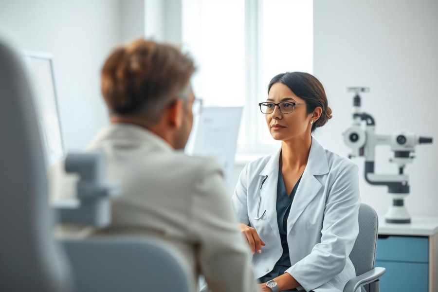 Doctor consults with a patient in a bright, modern medical office. A professional female doctor in a white coat discusses health concerns with a male patient. The scene features a microscope and neutral color palette, conveying a clinical and caring atmosphere.