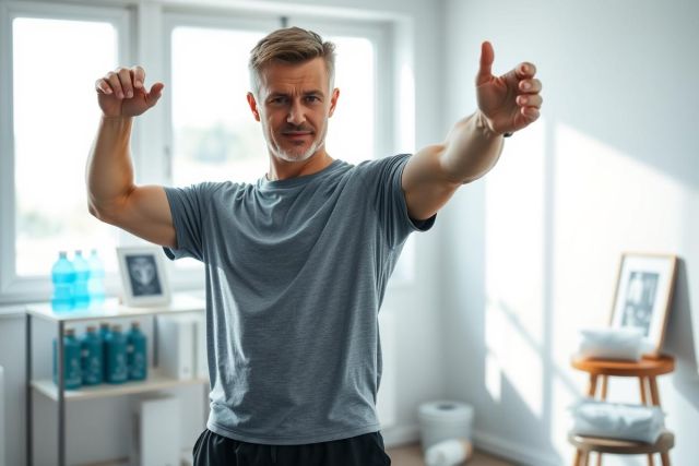 Fit man in gray workout shirt celebrates after exercise indoors. Bright, modern room with windows and minimalist decor. Focus on fitness, healthy lifestyle, and home workout concept. Blue water bottles visible.