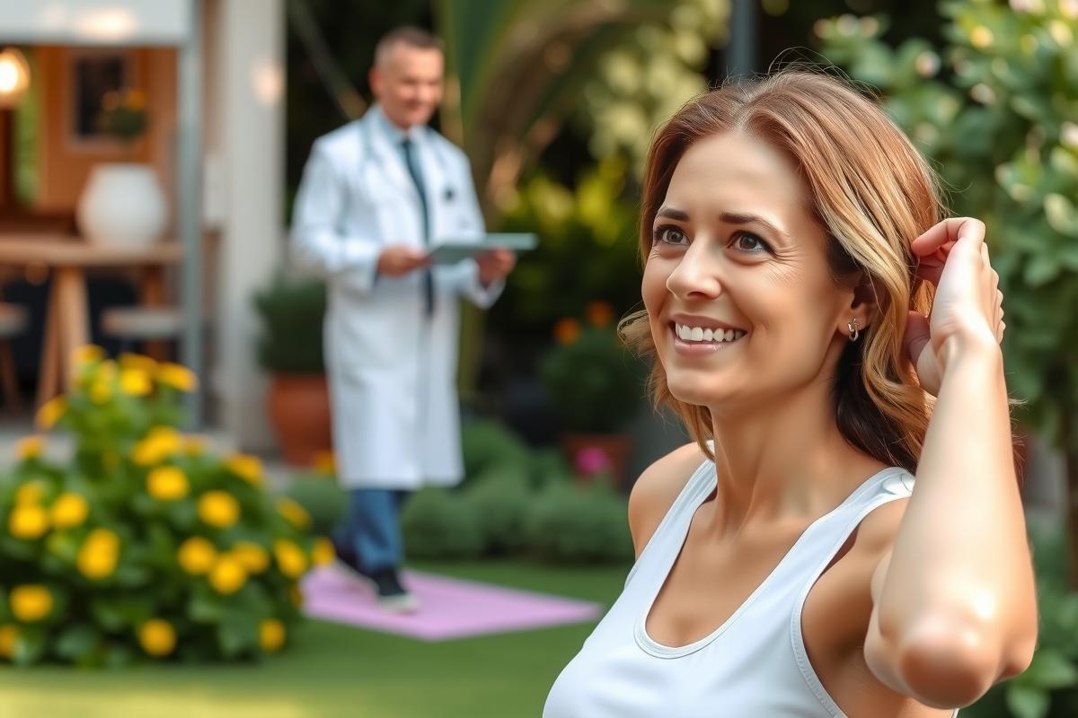The image shows a woman and a man in an outdoor setting. The woman is seated on the ground, smiling at the camera while holding her hair back with one hand. She is wearing a white tank top.