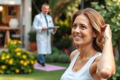 The image shows a woman and a man in an outdoor setting. The woman is seated on the ground, smiling at the camera while holding her hair back with one hand. She is wearing a white tank top.