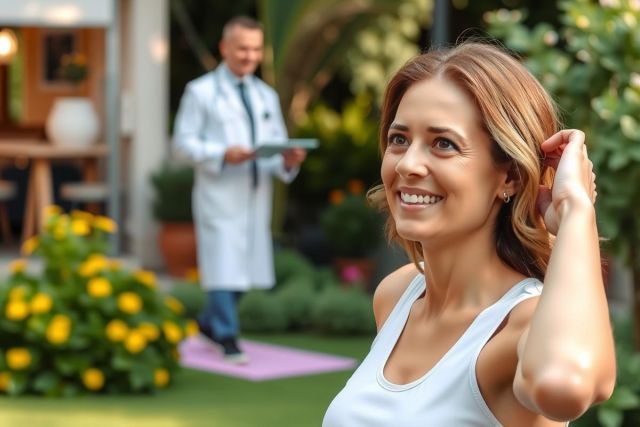 The image shows a woman and a man in an outdoor setting. The woman is seated on the ground, smiling at the camera while holding her hair back with one hand. She is wearing a white tank top.