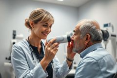 An optometrist examines a senior man's eyes in a bright, modern clinic. The healthcare professional uses an ophthalmoscope during a routine eye exam. Focus on eye health, vision care, and elderly patient well-being.