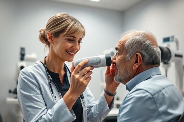 An optometrist examines a senior man's eyes in a bright, modern clinic. The healthcare professional uses an ophthalmoscope during a routine eye exam. Focus on eye health, vision care, and elderly patient well-being.
