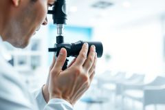Scientist using a precision measuring instrument in a bright, modern laboratory. Close-up view of hands adjusting the device against a blurred background of white chairs and blue accents. Focus on quality control, research, and technical analysis.