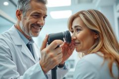 Doctor examining patient's skin with a dermatoscope in a bright, modern medical clinic. Focus on skin health, dermatology, and medical checkup. Warm lighting and professional setting.