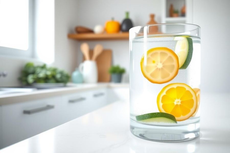 Infused water with orange and lemon slices in a glass, on a white kitchen counter. Bright, refreshing, and healthy beverage. Natural light and clean aesthetic.