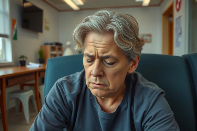 In the image, there is an elderly woman sitting at a desk in what appears to be an office setting. She is dressed casually and has a somewhat displeased or concerned expression on her face.