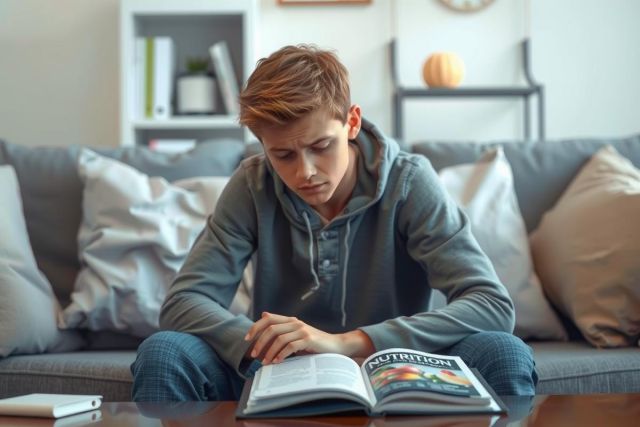 This image features a young boy sitting on a couch in a living room. He is wearing a grey hoodie and appears to be reading a book. The setting suggests a comfortable indoor environment, possibly during a leisure time or study session.
