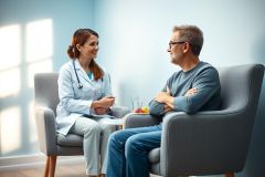 Doctor consults with a patient in a bright, modern clinic. The female doctor in a white coat and the male patient are seated in armchairs, discussing health concerns. Blue walls and natural light create a calming atmosphere. Healthcare, consultation, and medical care themes.
