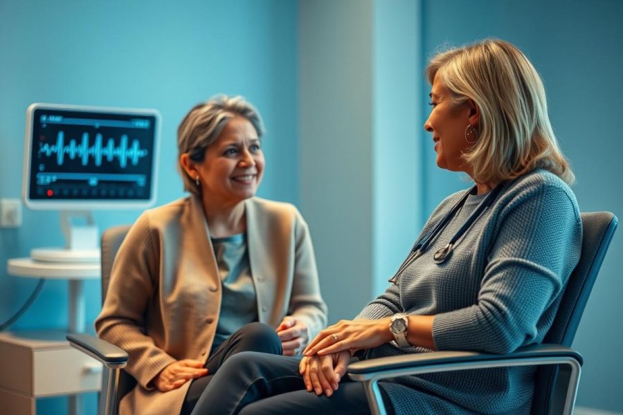 Doctor consults with a patient in a modern, blue-toned medical office. The scene features a healthcare professional and a woman discussing health concerns, with a monitor displaying a heartbeat waveform visible in the background. Represents medical care, wellness, and patient consultation.