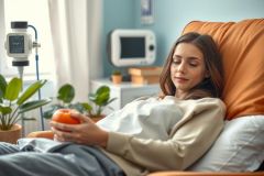A young woman lying in a hospital bed, smiling and holding an orange. The room has medical equipment like a monitor and an IV drip. Natural light coming through the window suggests it's daytime.