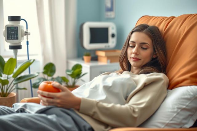 A young woman lying in a hospital bed, smiling and holding an orange. The room has medical equipment like a monitor and an IV drip. Natural light coming through the window suggests it's daytime.