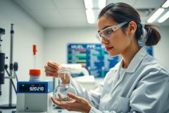 A scientist wearing a lab coat and safety glasses examines a vial of samples. The image features a laboratory setting with equipment and data displays that highlight research and scientific analysis.
