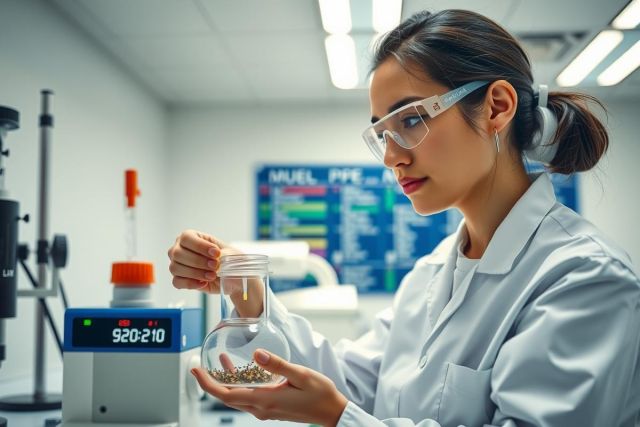 A scientist wearing a lab coat and safety glasses examines a vial of samples. The image features a laboratory setting with equipment and data displays that highlight research and scientific analysis.