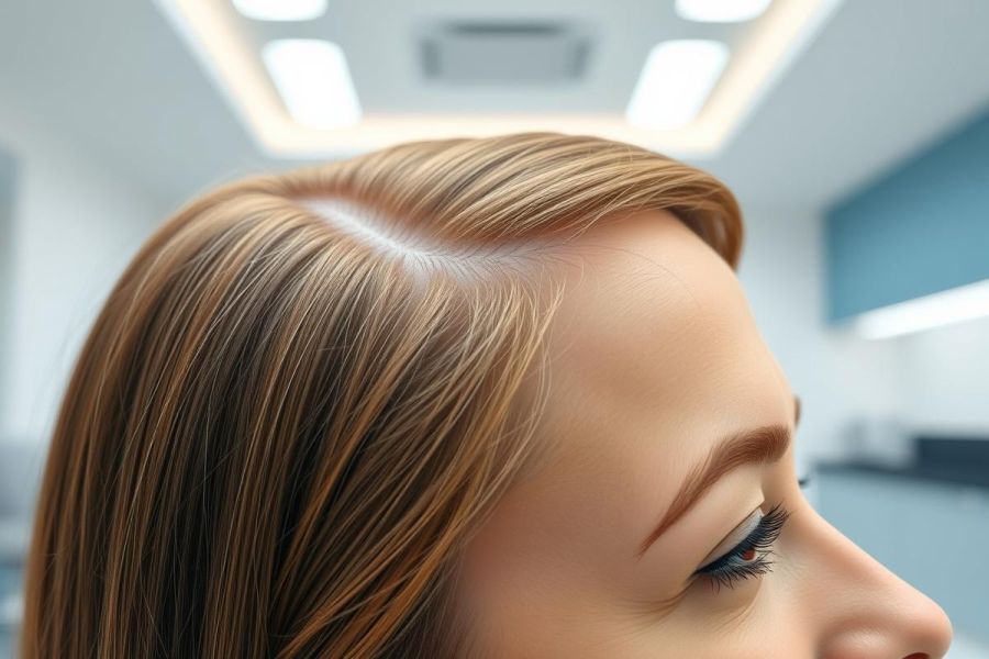 Close-up of a woman's forehead and hair, showcasing a receding hairline. The image features warm brown hair and a clean, modern white and blue medical or salon environment. Focus on hair loss and scalp health, with bright lighting highlighting the hair texture.