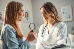 A smiling female doctor in a white coat examines a patient with a magnifying glass during a consultation. The scene takes place in a bright, modern medical office with neutral colors and healthcare-related artwork on the walls, suggesting a routine checkup or dermatology appointment.