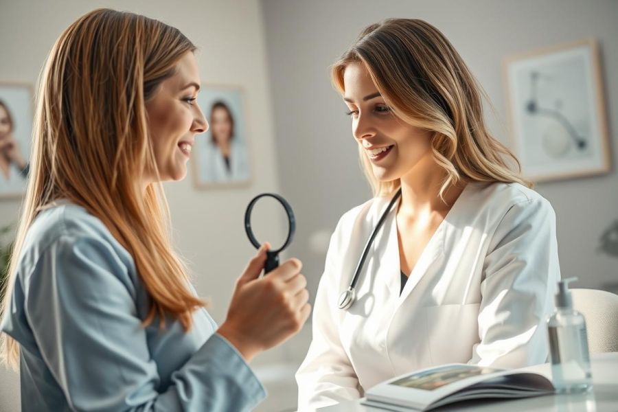 A smiling female doctor in a white coat examines a patient with a magnifying glass during a consultation. The scene takes place in a bright, modern medical office with neutral colors and healthcare-related artwork on the walls, suggesting a routine checkup or dermatology appointment.