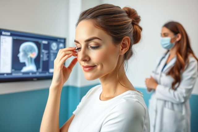 Medical consultation: A young woman examines a brain scan on a monitor in a clinic, with a doctor in a face mask visible in the background. The image features a clean, modern environment, with teal and white walls. Focus on neurological health and diagnostics.