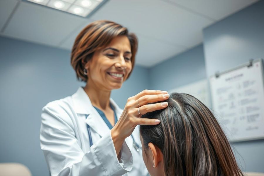 Doctor examining a patient's head in a medical office. A friendly female doctor in a white coat interacts with a patient during a consultation. The scene features a blue wall and a whiteboard, suggesting a healthcare setting. Focus on medical checkups and patient care.